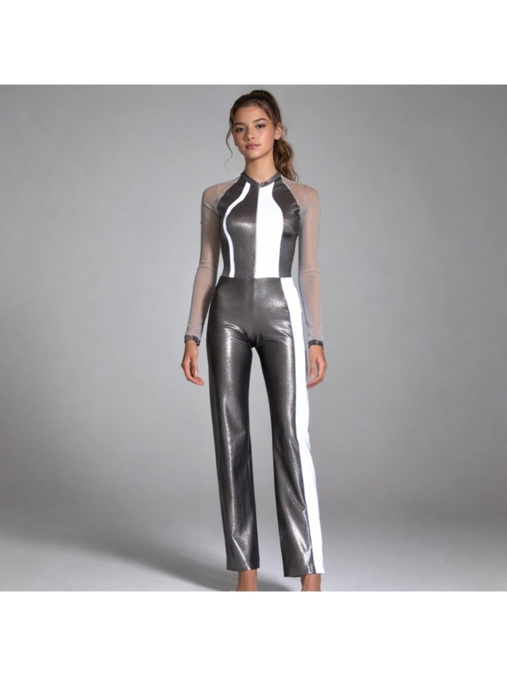 Girl's Custom Dance Costume Edgy One Piece Unitard in Silver Metallic size 12-14